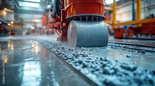Heavy construction machinery operating on fresh concrete surface