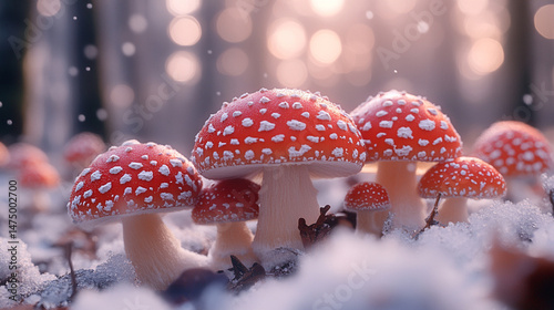 Red mushrooms in snowy forest with falling snow and sunset glow photo