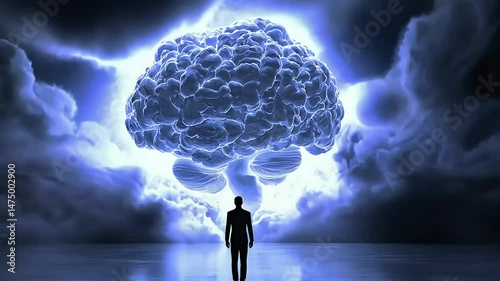 Glowing brain cloud above silhouetted figure, symbolizes mind power, ideas, or mental health