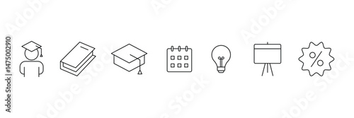 Set of outlined education icon collection. studying and science. Includes human brain, fields of study, graduation symbol. vector illustration.