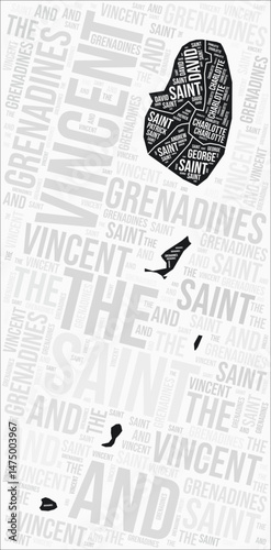 Saint Vincent and the Grenadines regions map word cloud. Saint Vincent and the Grenadines region names. Black and white map design. Awesome vector illustration.
