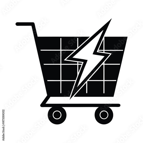 Black and white illustration of a shopping cart with a lightning bolt symbolizing fast purchase or delivery.