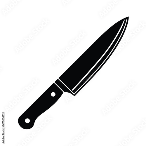 A clean black and white illustration of a chef's knife isolated on a pristine white background