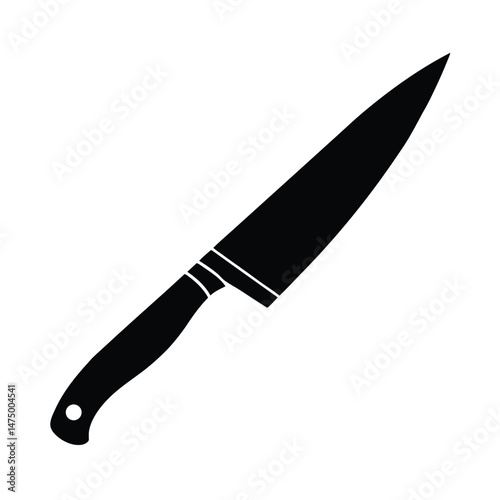 Sleek black chef knife silhouette on white background representing culinary arts food preparation and cooking skills