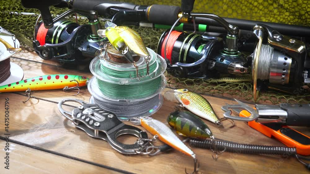 Fishing objects moving slowly in a horizontal plane. Slow motion.