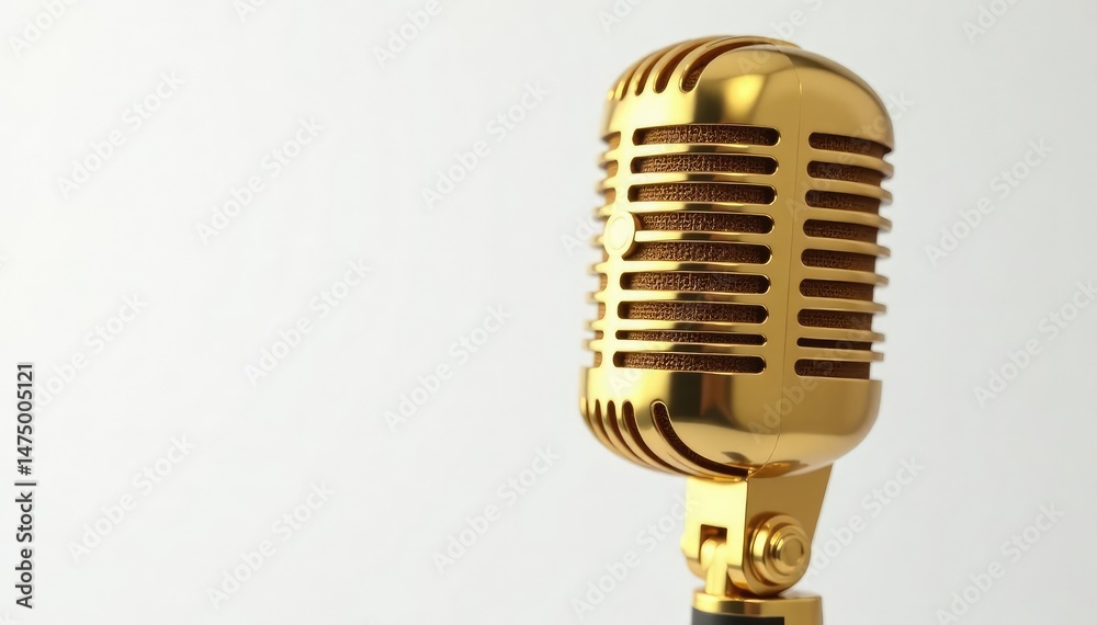 Fototapeta premium Close-up shot of a single gold microphone on white , detail, vintage, gleaming