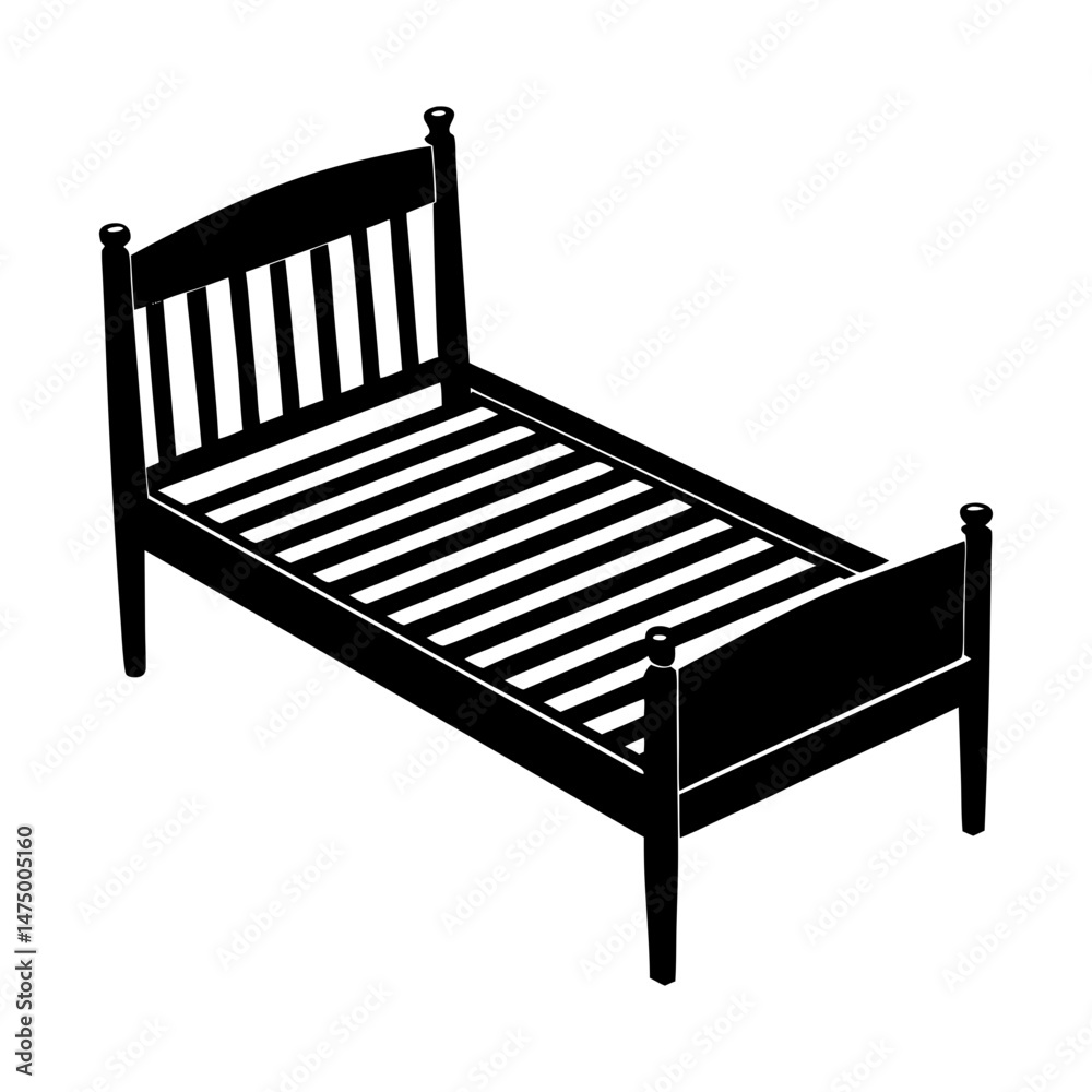 Illustration of a single bed frame with a headboard and footboard in black and white style design Illustration of a single bed frame with a headboard and footboard in black and white style design