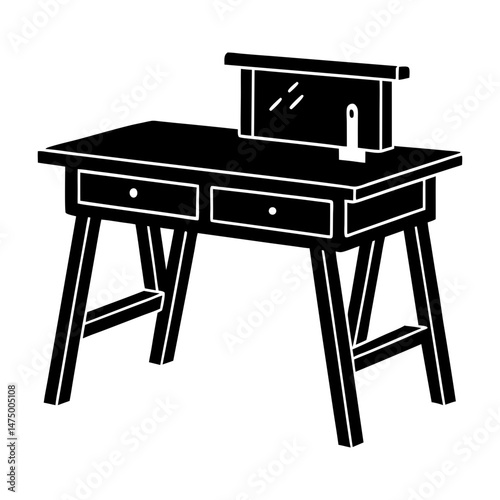 Illustration of a vanity table with a mirror and two drawers in a simple black silhouette style
