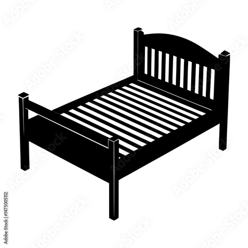 Isometric illustration of a wooden bed frame with headboard and slats in black and white color scheme