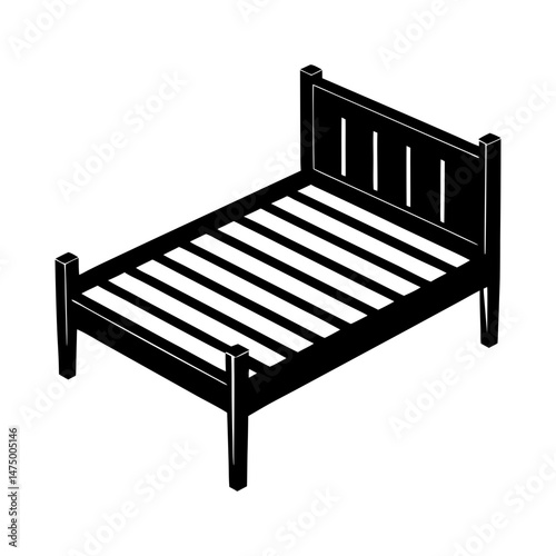 Isometric black and white illustration of a wooden bed frame with headboard and slatted base