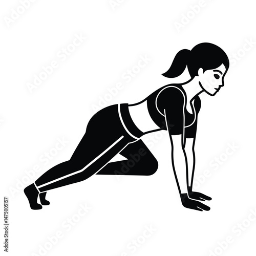 Silhouette illustration of a woman in fitness attire performing a mountain climber exercise on white background