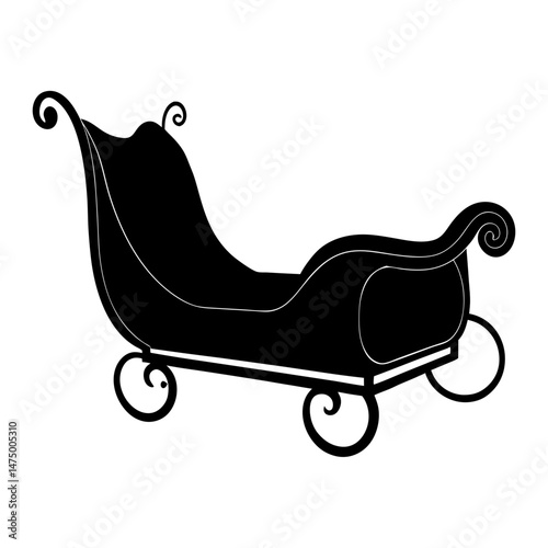 Isolated silhouette of a vintage sleigh with decorative scrolls and small wheels on a white background