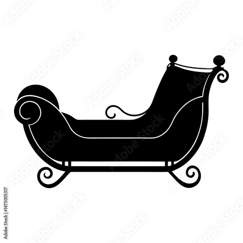 Silhouette of a vintage christmas sleigh with decorative swirls and a curved seat design isolated on white