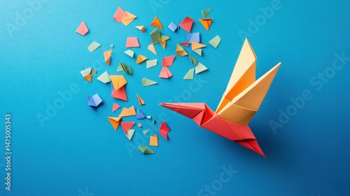 Colorful origami hummingbird taking flight, paper crafted avian art