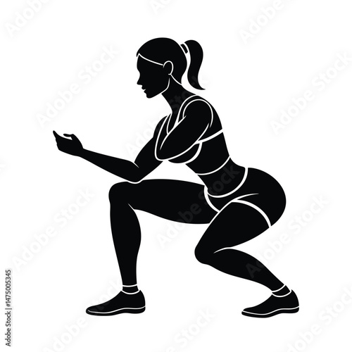 Silhouette illustration of a woman performing squats depicting fitness exercise and workout routine in black and white