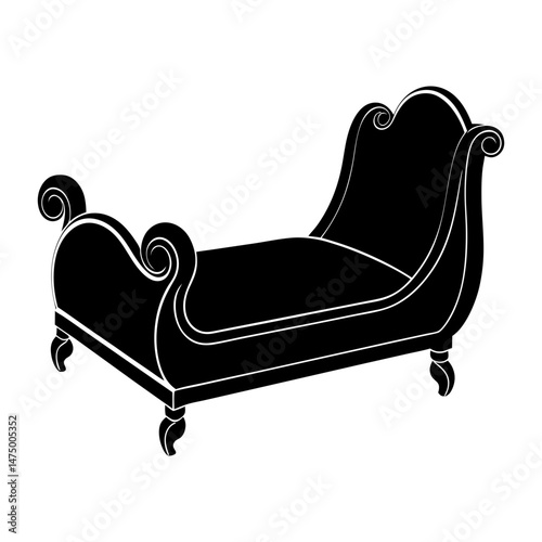 Silhouette drawing of a chaise lounge with ornate details and curved head and foot rests shown in black