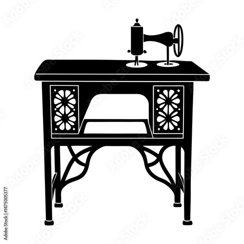 Illustration of a vintage sewing machine on a decorative table in black and white silhouette style