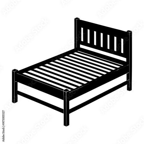 Isometric illustration of a black wooden bed frame with headboard and slatted base design shown