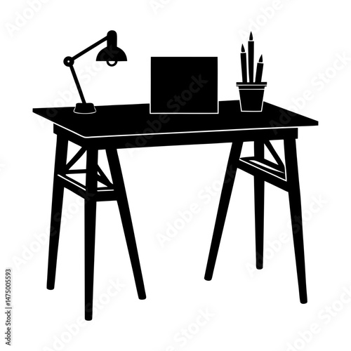 Illustration of a desk with a lamp a laptop and a pencil holder in black and white silhouette style
