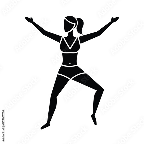 Vector illustration of a woman in fitness attire performing an exercise routine with arms extended and legs apart.