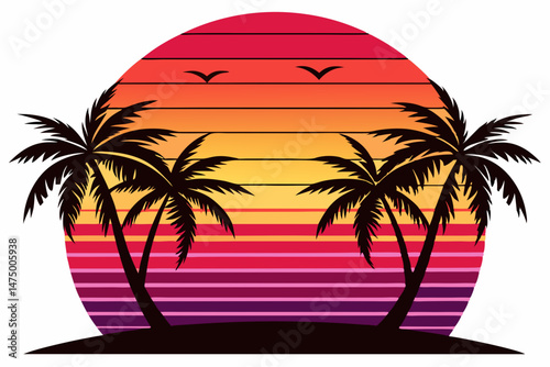 tropical beach with palm trees vector illustration, retro sunset beach palm trees 