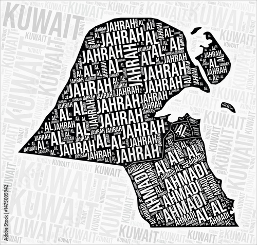 Kuwait regions map word cloud. Kuwait region names. Black and white map design. Creative vector illustration.