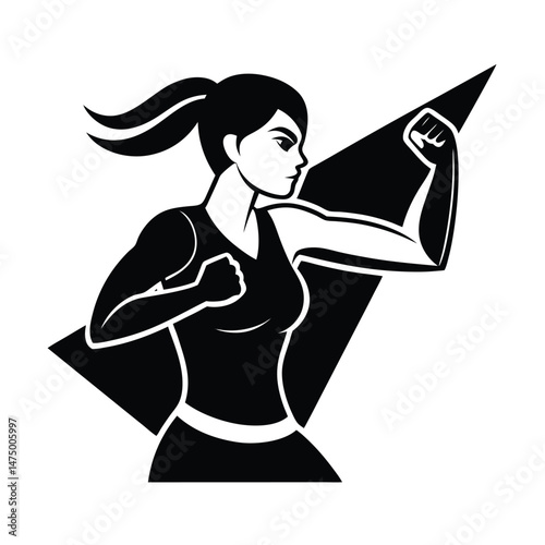 Empowered silhouette illustration of a determined female athlete with raised fist in fitness and strength concept