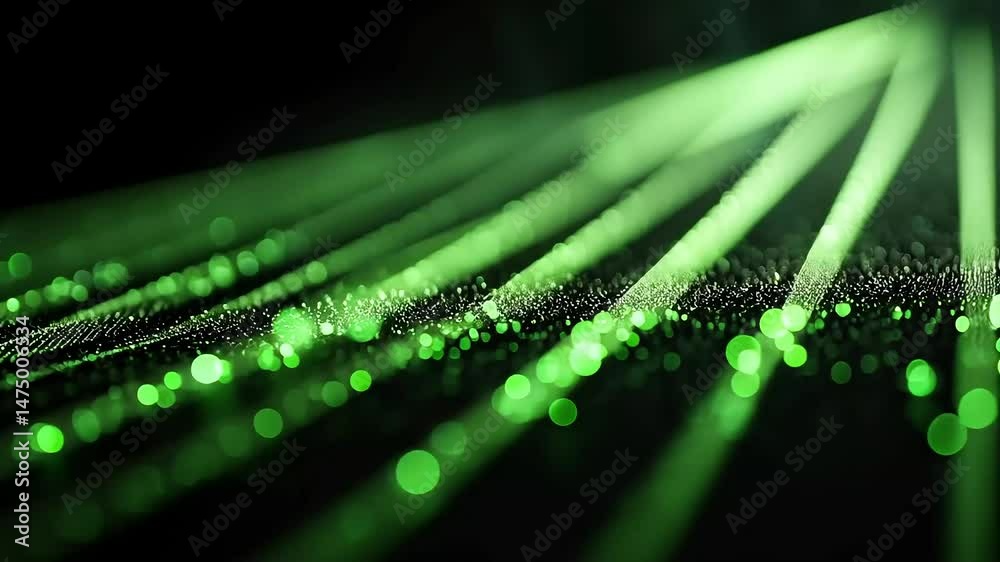 Glowing green particle streams flow on dark background Glowing green particle streams flow on dark background