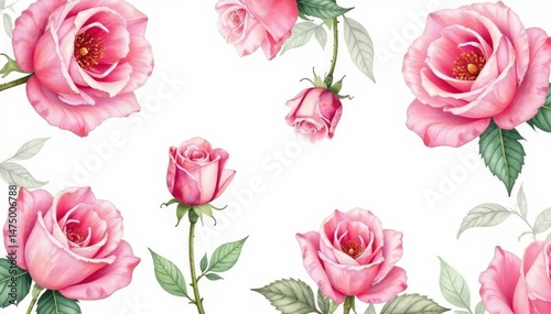 Delicate watercolor rose pattern on white background, elegant, pattern, watercolor floral