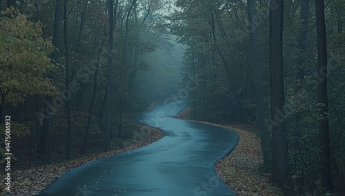 Winding road through misty, autumnal forest in rain.  Fallen leaves, dark trees, and a wet asphalt path disappear into the fog