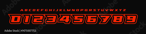Bold racing alphabet, slanted italic font, speed-driven typography, dynamic sport typeface, futuristic logo number design, aggressive motion style, high-impact graphic letters. Vector typeset