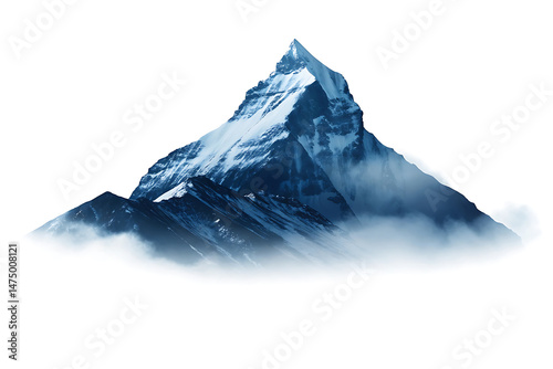 Majestic snowy mountain peaks surrounded by mystical clouds on a white background