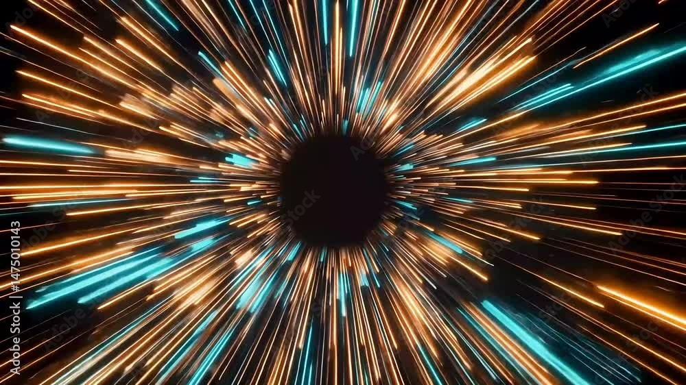 Golden and turquoise streaks explode from a central black void, creating a dynamic, energetic burst