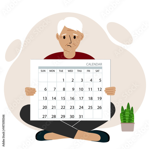 A man sits cross-legged and holds a large calendar glider in his hands. Concept of planning, make plans, schedule, event.