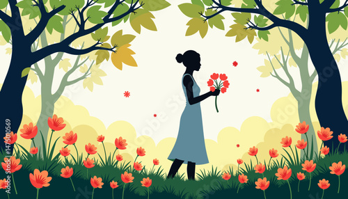 Serene Black woman picking flowers in blooming park, nature's beauty
