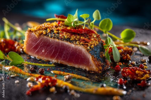 Expertly seared tuna steak, beautifully garnished and served, showcasing culinary excellence.