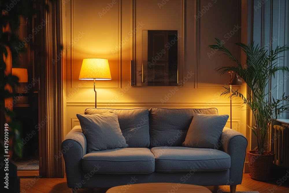 Obraz premium Cozy living room interior warm lamplight comfortable couch