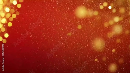 Golden glitter sparkles on a vibrant red background, creating a festive, luxurious atmosphere