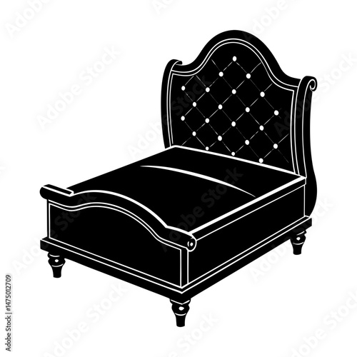 Illustration of a classic bed with a tufted headboard and decorative legs in black and white style
