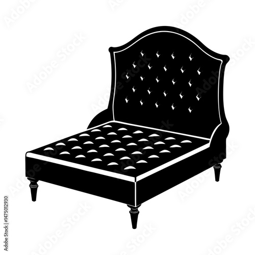 Illustration of a tufted chaise lounge with a curved headboard and decorative legs in black and white