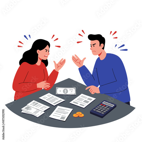 Couple arguing over finances at a table with documents  