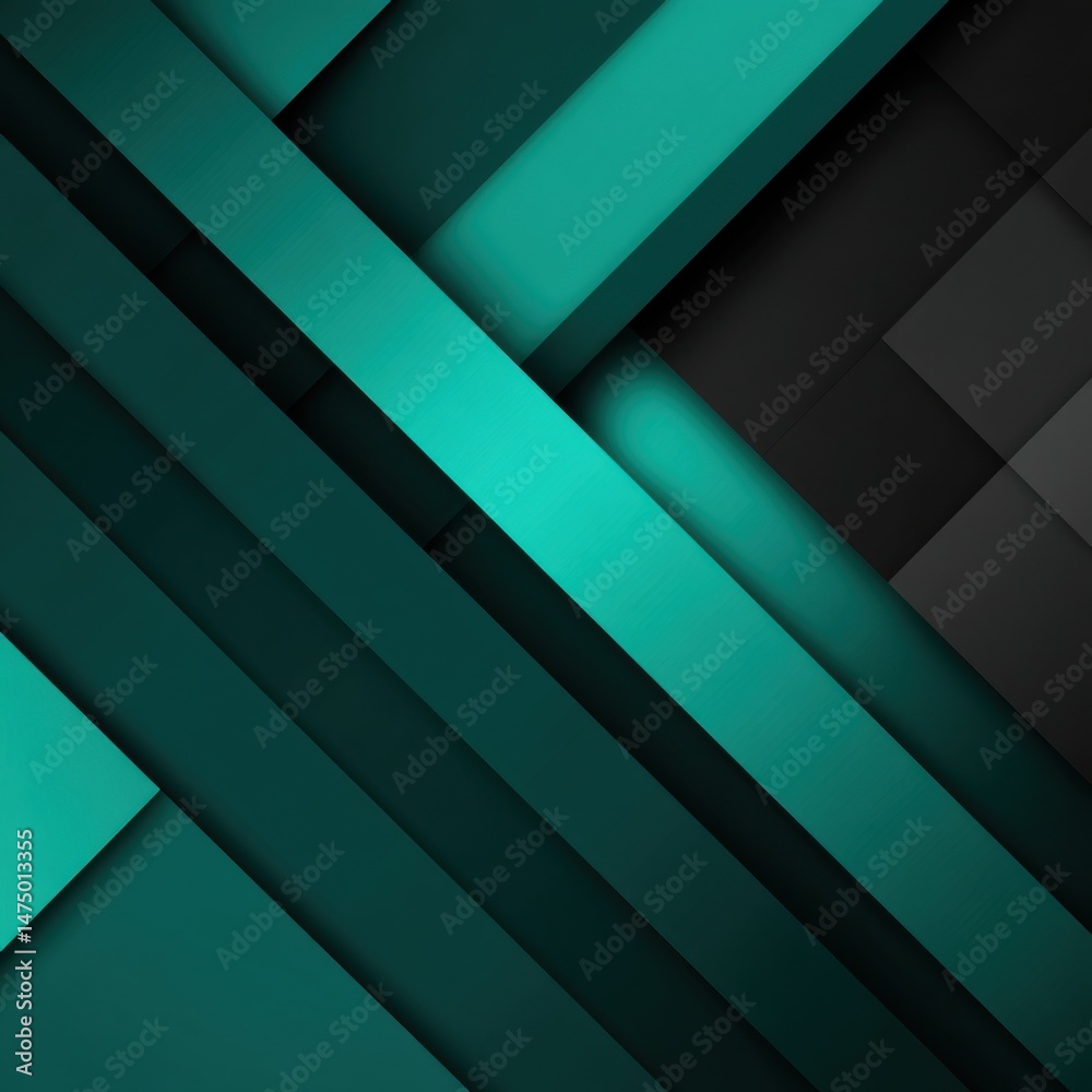 Obraz premium Abstract geometric background in teal and black with overlapping shapes and diagonal lines modern design