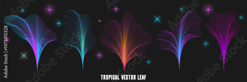 Set of abstract Tropical vector leaf. Neon Fluid Waved tropical leaves, linear abstraction. Elements for banner, poster, website, etc. design. Vector graphics.