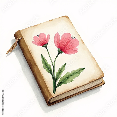 A detailed watercolor depiction of a notebook with a pressed flower cover