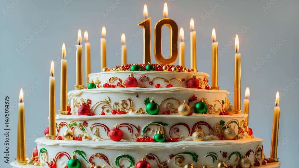 Decorative birthday cake featuring golden candles and festive decorations