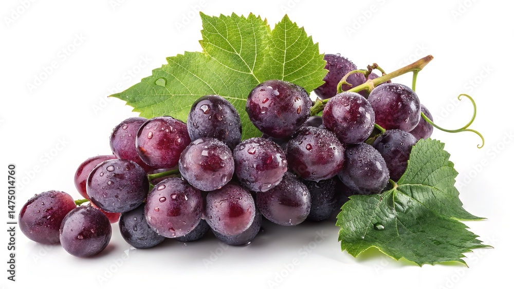 Obraz premium Fresh Purple Grapes with Water Droplets and Green Leaves on White Background