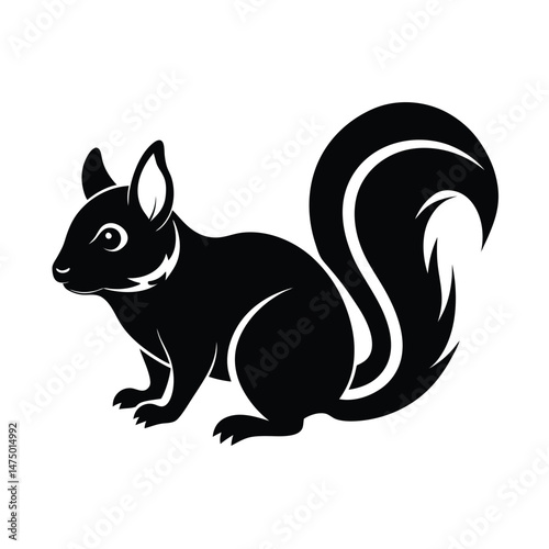 Silhouette illustration of a squirrel with a bushy tail in black and white vector art on isolated background