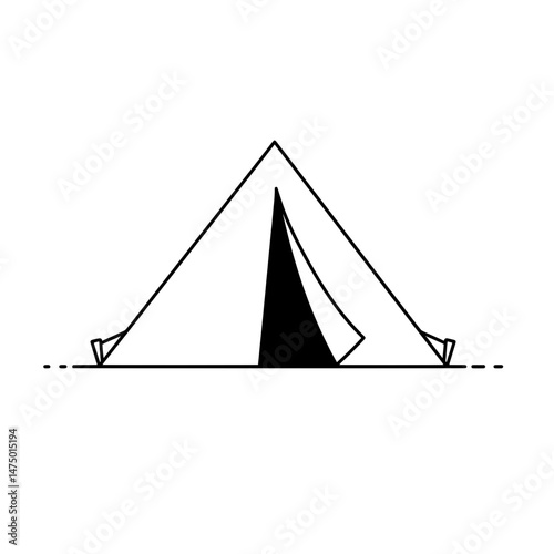 Outdoor shelter. Simple tent drawn with thick, dark lines, door slightly open & stakes