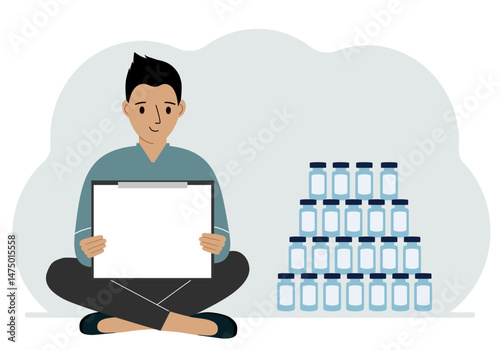 A man holds a clipboard with a blank sheet of paper in his hands. There are many jars of vaccines nearby.