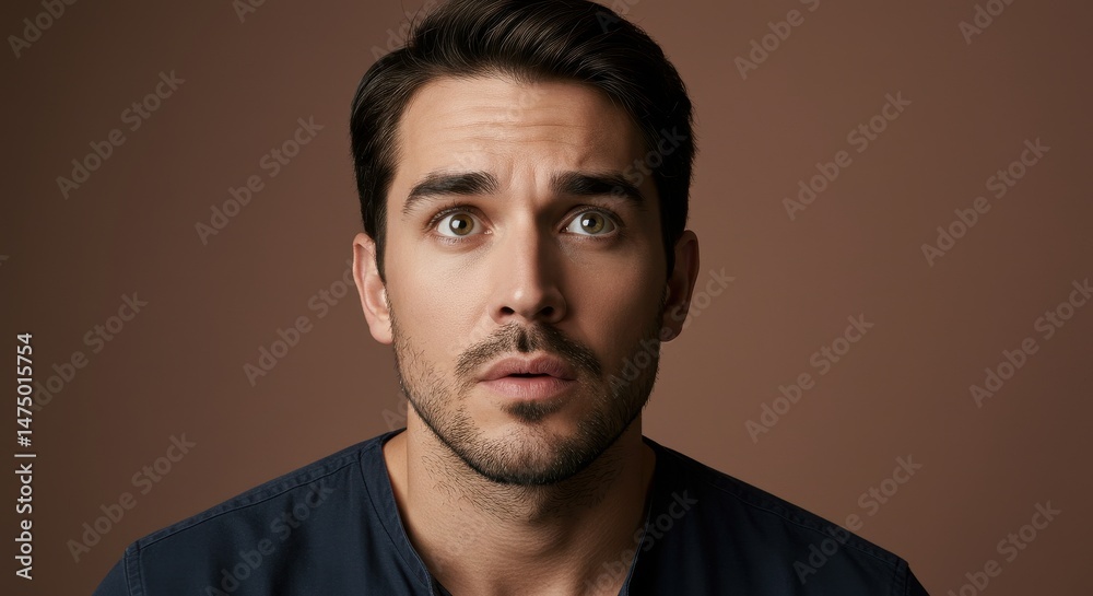 Obraz premium Concerned man with a neutral expression against a solid background